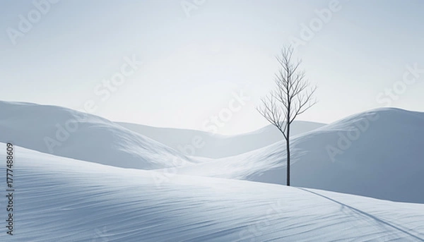 Obraz Serene winter landscape with a lone bare tree standing on a snow-covered hill against a clear sky with rolling hills in the background.