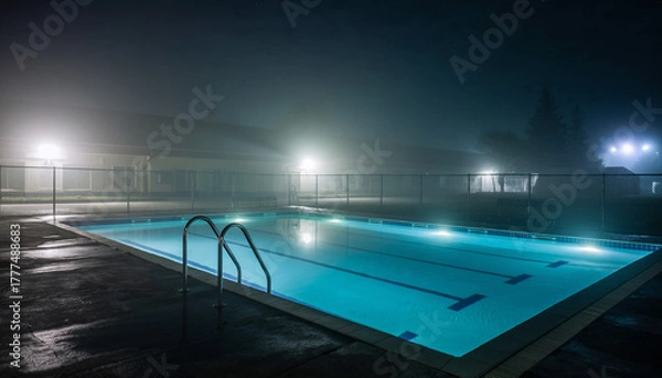 Obraz Nighttime view of an outdoor swimming pool with blue water and bright lights in a foggy atmosphere