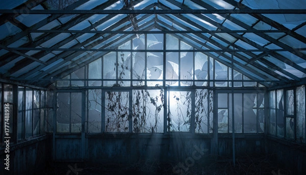 Obraz Interior of an empty greenhouse with a metal frame and glass panels at dusk