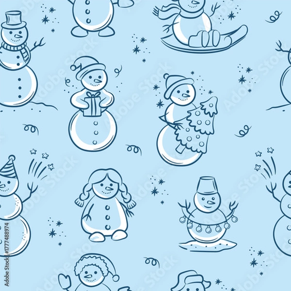 Obraz Seamless pattern with cute hand-drawn doodle snowman on light blue background. Christmas wrapping paper background.