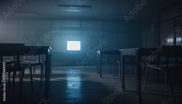 Obraz Dimly lit empty classroom with a glowing TV screen on the wall