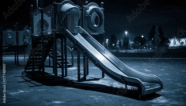 Obraz Nighttime scene of an empty playground with a slide and climbing structure in a dark and moody urban setting.
