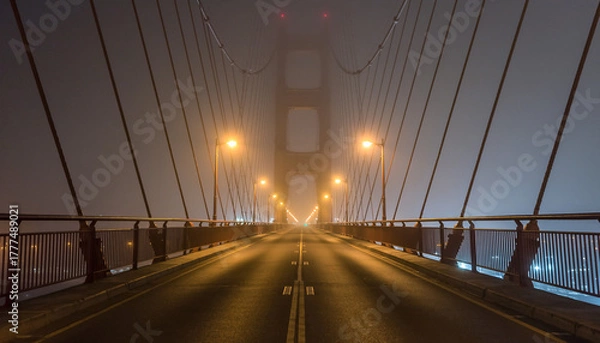 Obraz Foggy nighttime view of the Golden Gate Bridge with illuminated streetlights on a dark road