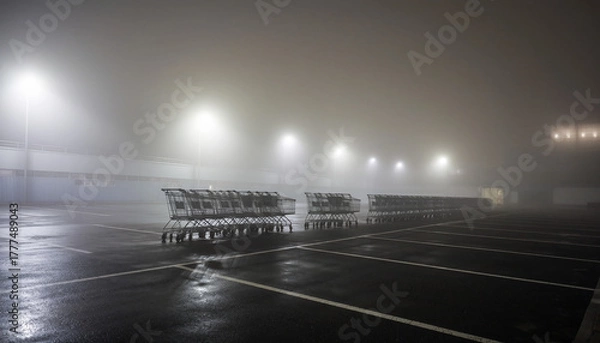 Obraz Empty shopping carts in a deserted, wet parking lot at night with fog and streetlights