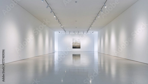 Fototapeta Long shot of a brightly lit art gallery with a large painting on the back wall and sleek flooring.