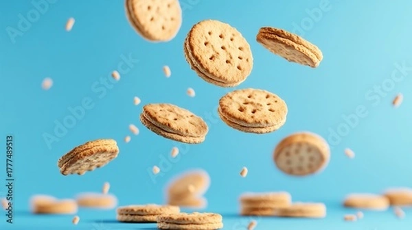 Obraz Cascading Biscuits on Blue Surface