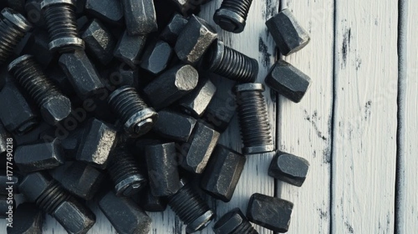 Obraz Assorted tap bolts on white wooden surface
