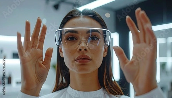 Fototapeta Futuristic Fashion Woman with Augmented Reality Glasses Interacting with Holographic Interface