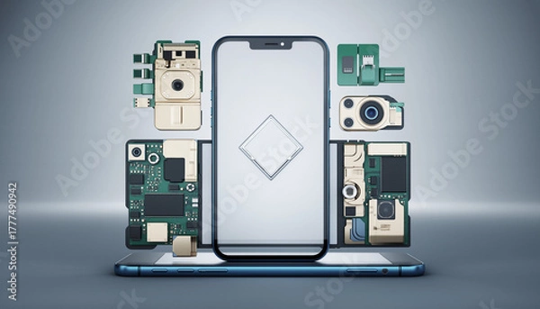 Obraz Disassembled smartphone components arranged around a whole phone on a gray background with a studio lighting effect
