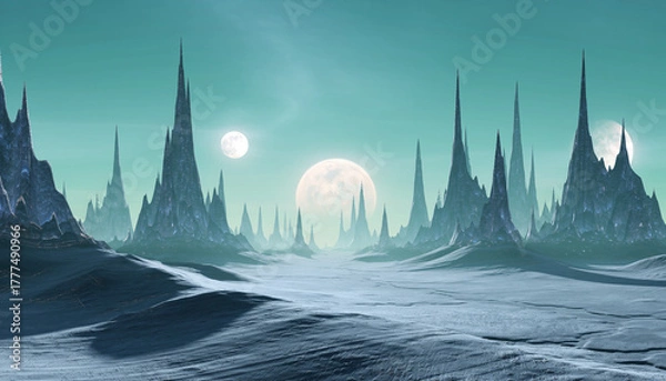Fototapeta Digital illustration of a futuristic fantasy landscape with spiky mountains and a large moon in a blue-green atmosphere.
