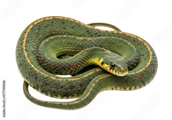 Obraz Isolated Coiled Green Snake with Yellow Stripe and Orange Spots on a Plain Background