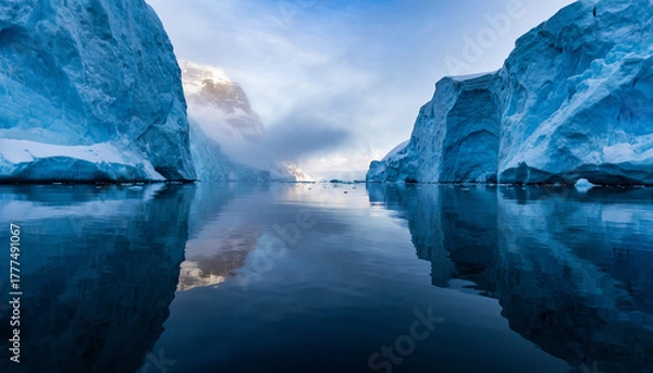 Obraz Serene icy landscape with towering glaciers reflecting in calm water under a cloudy sky