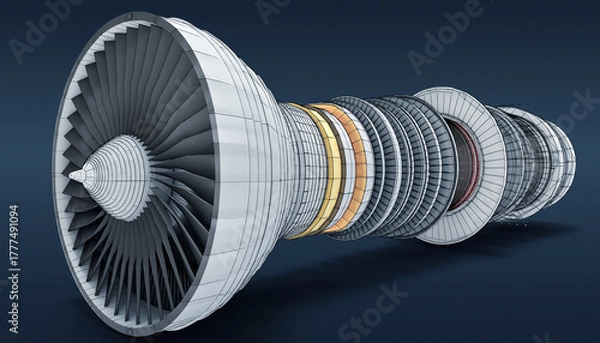 Obraz Cutaway view of a jet engine with visible internal components on a dark background