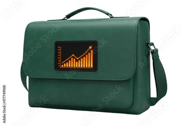 Obraz Isolated green leather briefcase displays an increasing orange business chart graphic symbol