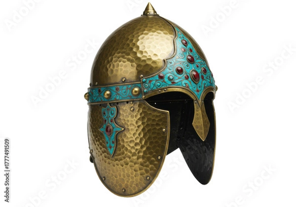 Obraz Isolated antique helmet with turquoise enamel inlay, medieval, vintage, protection