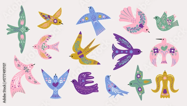 Obraz Birds with ornament. Floral ornaments bird, flying decorative swallow, dove or pigeon, sparrow. Simple characters with flowers, branches, nowaday vector clipart