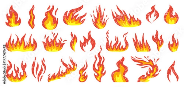 Fototapeta Crayon drawing fire. Hand drawn flames, fires colored pencil or chalk drawing. Hot, heat symbols. Isolated campfire children style neoteric vector elements