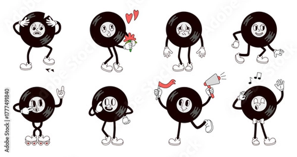 Obraz Vinyl retro character. Vinyl record mascot various poses and emotions. Music symbol in love, singing and on rollers. Groovy musical store neoteric vector symbol