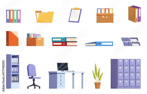 Obraz Isolated office icons. Papers, documents, various holders and folders. Cartoon shelves, work desk and cozy chair. Cardboard box and folder, sapid vector set