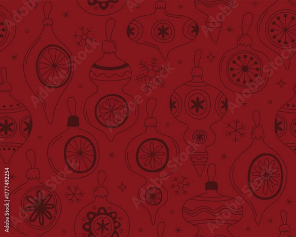 Obraz Christmas seamless pattern, doodle outline illustrations of vintage Christmas toys on dark red background. Design for festive wrapping paper, textile, print.