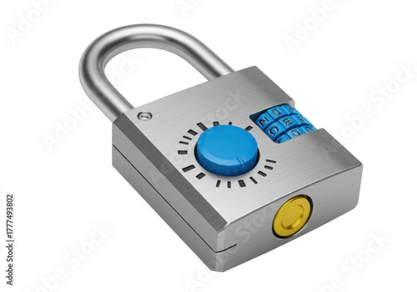 Obraz Isolated combination lock with dials, secure mechanical device with tumbler and hasp