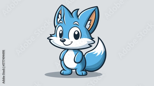 Obraz A charming and friendly blue fox cub smiles happily, an adorable cartoon mascot character design isolated on a plain background
