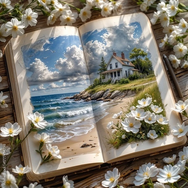 Fototapeta Open book with coastal landscape and flowers on wooden table  