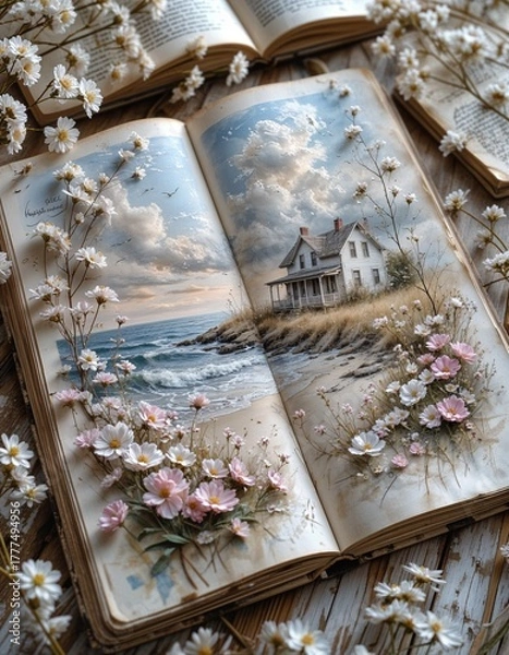 Fototapeta Open book with floral landscape painting and ocean scenery  