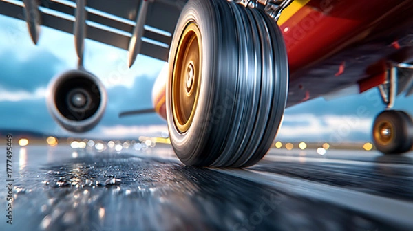Fototapeta Aircraft landing action airport runway transportation image urban setting close-up view aviation dynamics