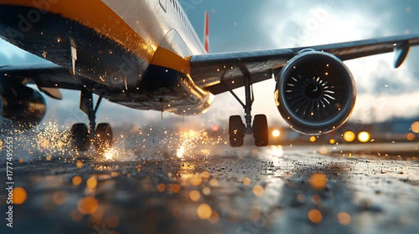 Fototapeta Jet taking off airport runway aviation photography urban environment close-up view action-packed moment