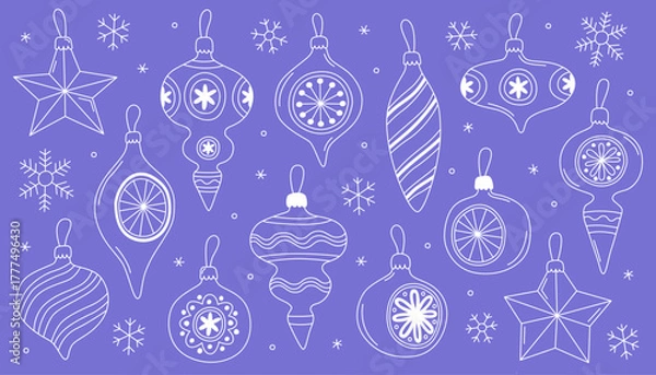 Obraz Сollection of different vintage Christmas toys, balls. White New Year icons, doodle outline illustrations on blue background.
