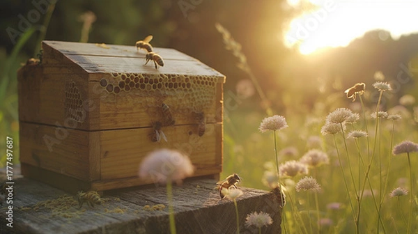 Fototapeta Beekeeper in protective suit works with bees and hives in apiary. Honey and bee. Bees on honeycombs. Cell with honey and bees. Beekeeping. Apiary. Wooden hive and bees.