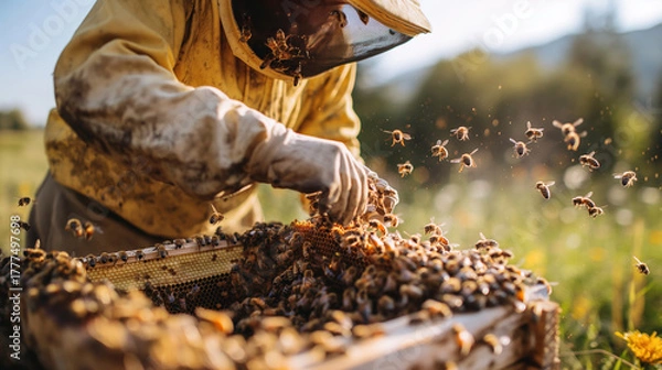 Fototapeta Beekeeper in protective suit works with bees and hives in apiary. Honey and bee. Bees on honeycombs. Cell with honey and bees. Beekeeping. Apiary. Wooden hive and bees.