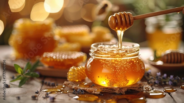 Fototapeta Honey. Jar with natural Honey. Natural organic honey in a glass jar. Beautiful advertising photo with space for text. Benefits of honey. Natural antioxidant. Prevention and treatment of colds. Natural