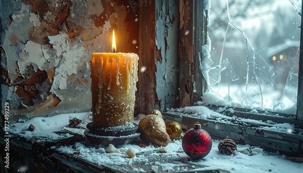 Fototapeta A warm glowing candle on a snowy, weathered windowsill with Christmas ornaments, creating a cozy and nostalgic winter holiday atmosphere