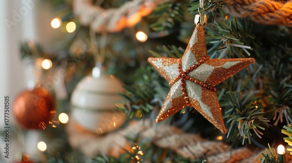 Obraz Part of the Christmas tree decorated with aesthetic toys. New Year's background. Christmas decor. Christmas background. Holiday. Decorated Christmas tree. Christmas tree with red balls.