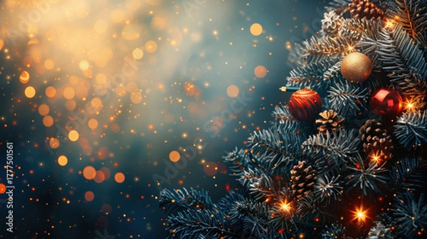 Fototapeta Part of the Christmas tree decorated with aesthetic toys. New Year's background. Christmas decor. Christmas background. Holiday. Decorated Christmas tree. Christmas tree with red balls.