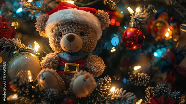 Obraz Part of the Christmas tree decorated with aesthetic toys. New Year's background. Christmas decor. Christmas background. Holiday. Decorated Christmas tree. Christmas tree with red balls.