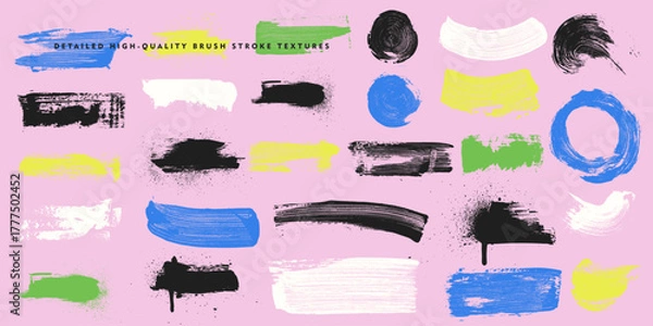 Obraz Set of detailed high quality brush stroke textures. Paintbrush text boxes. Grunge design elements vector. Brush colored texture banners. Painted round, long and diagonal strokes, circle, rectangle.