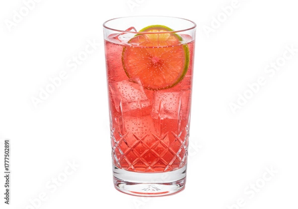 Fototapeta Isolated refreshing fizzy drink with lime slice, ice cubes served in elegant crystal glass