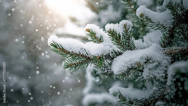 Fototapeta Snow Covered Pine Tree Branches, Falling Snow, Winter Forest Nature Background for Christmas and Seasonal Design