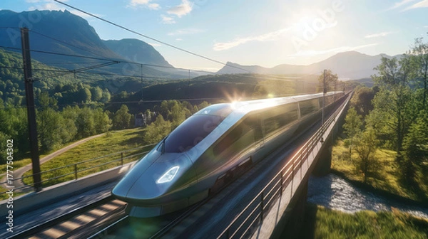 Fototapeta High-speed train on the way. The train travels through beautiful landscape. Advanced technology. Public passenger transport.	
