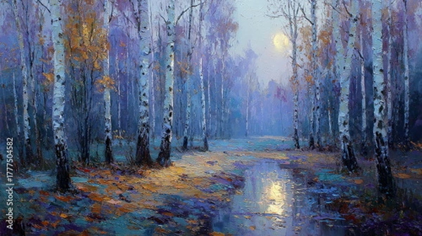 Fototapeta Birch forest in autumn on a moonlit night