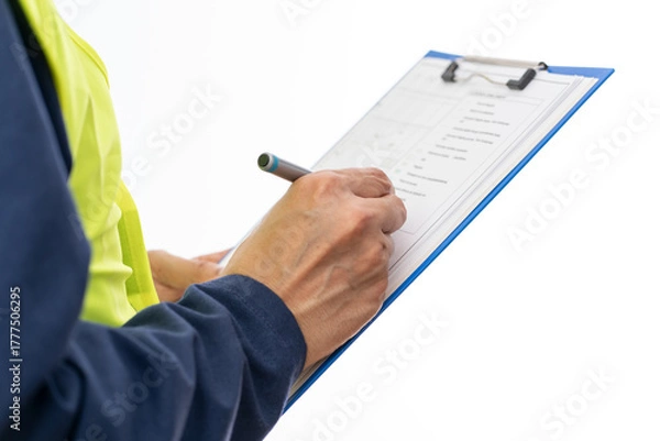 Fototapeta Hands, engineer and clipboard for checklist, inspection notes or safety compliance. Person,writing with documents for, project management or supervisor paperwork and pen