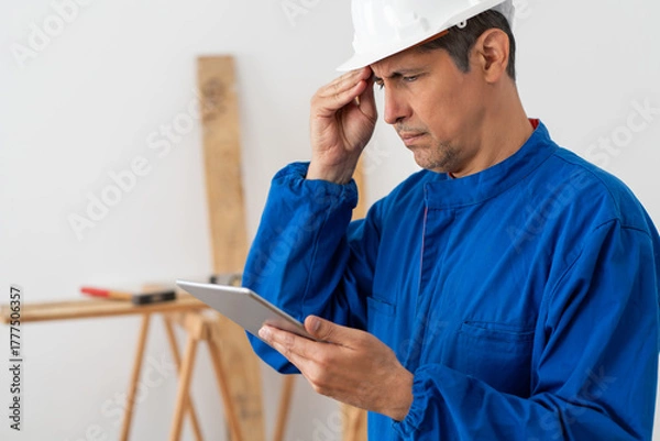 Fototapeta Worried construction worker checking tablet in a building