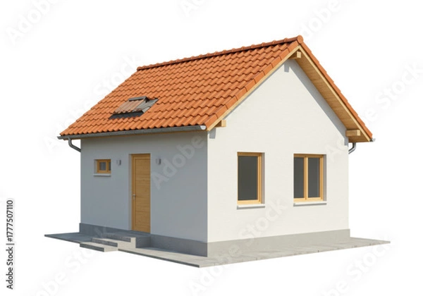 Fototapeta Isolated modern house with orange tile roof, front view on neutral background in daylight