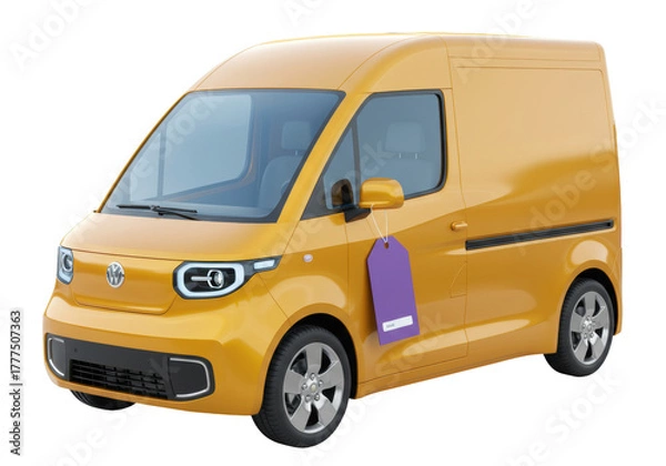 Obraz Isolated yellow delivery van with a price tag for sale in a dealer shop or car market