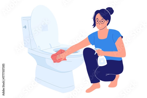 Fototapeta Illustration of Cleaning the Toilet. A woman is scrubbing and spraying disinfectant on a toilet, visualizing the task of cleaning the bathroom and maintaining strict home
