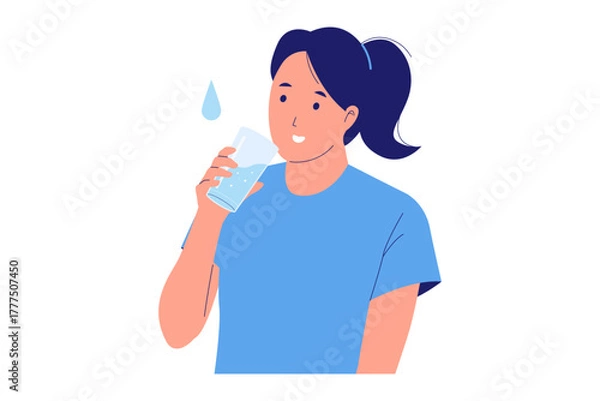 Fototapeta Illustration of Drink Water and Hydration. A woman is happily drinking a glass of water, emphasizing the importance of daily hydration, health, and maintaining proper bodily functions