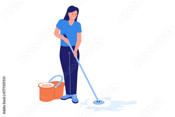 Fototapeta Illustration of Mopping the Floor and House Cleaning. A woman is mopping the floor next to a bucket of water, illustrating the routine of house cleaning, floor maintenance, and domestic hygiene chores
